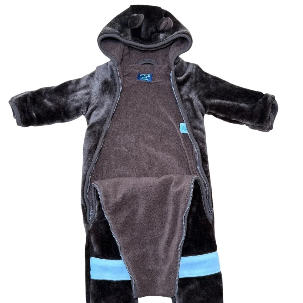 Baby‎ Football Fleece Hooded Bunting Snowsuit Brown Blue Cozy Plush 3-6 Months